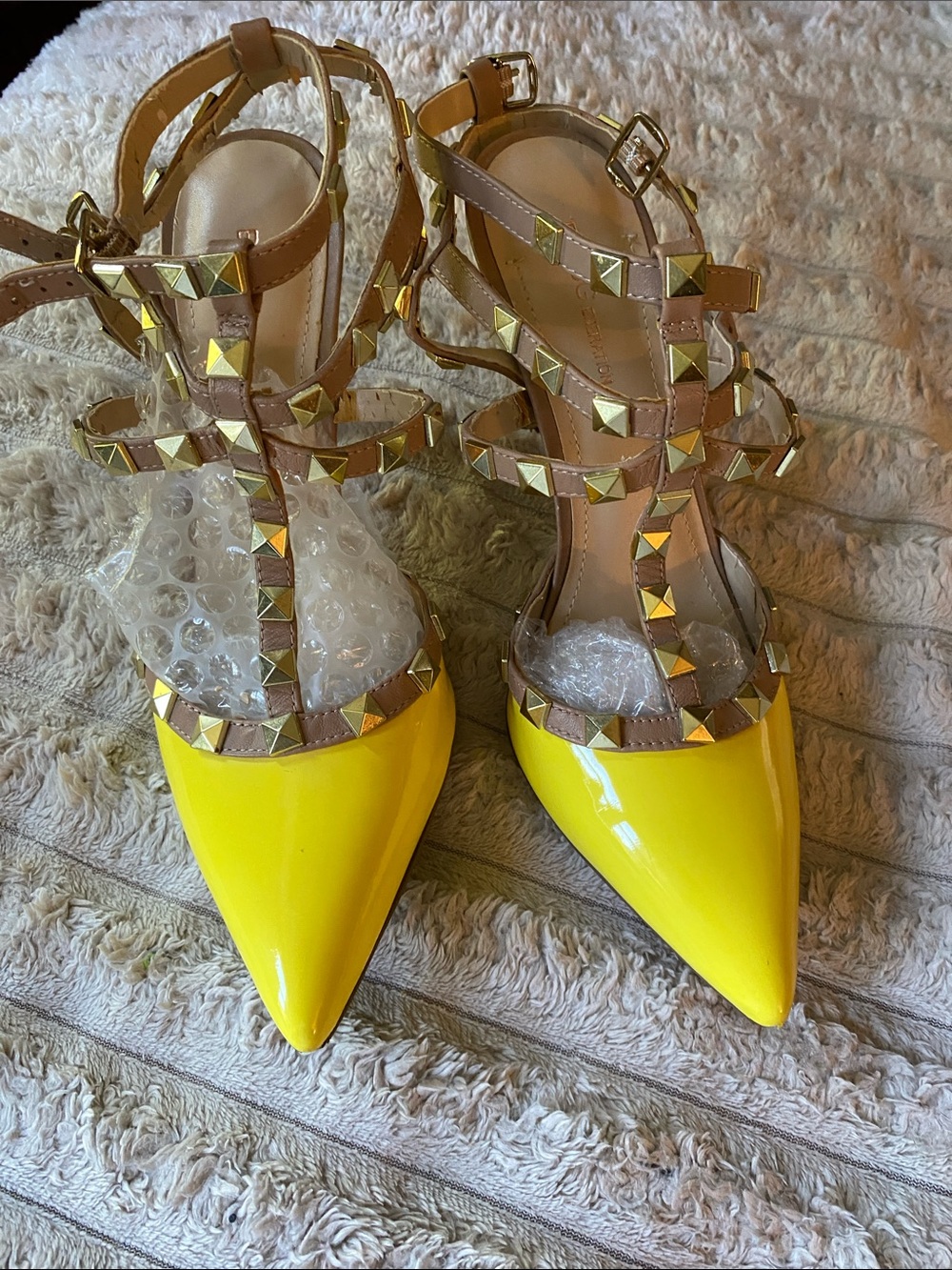 BCBGeneration Yellow Patent Pointed-Toe Studded Strappy Heels